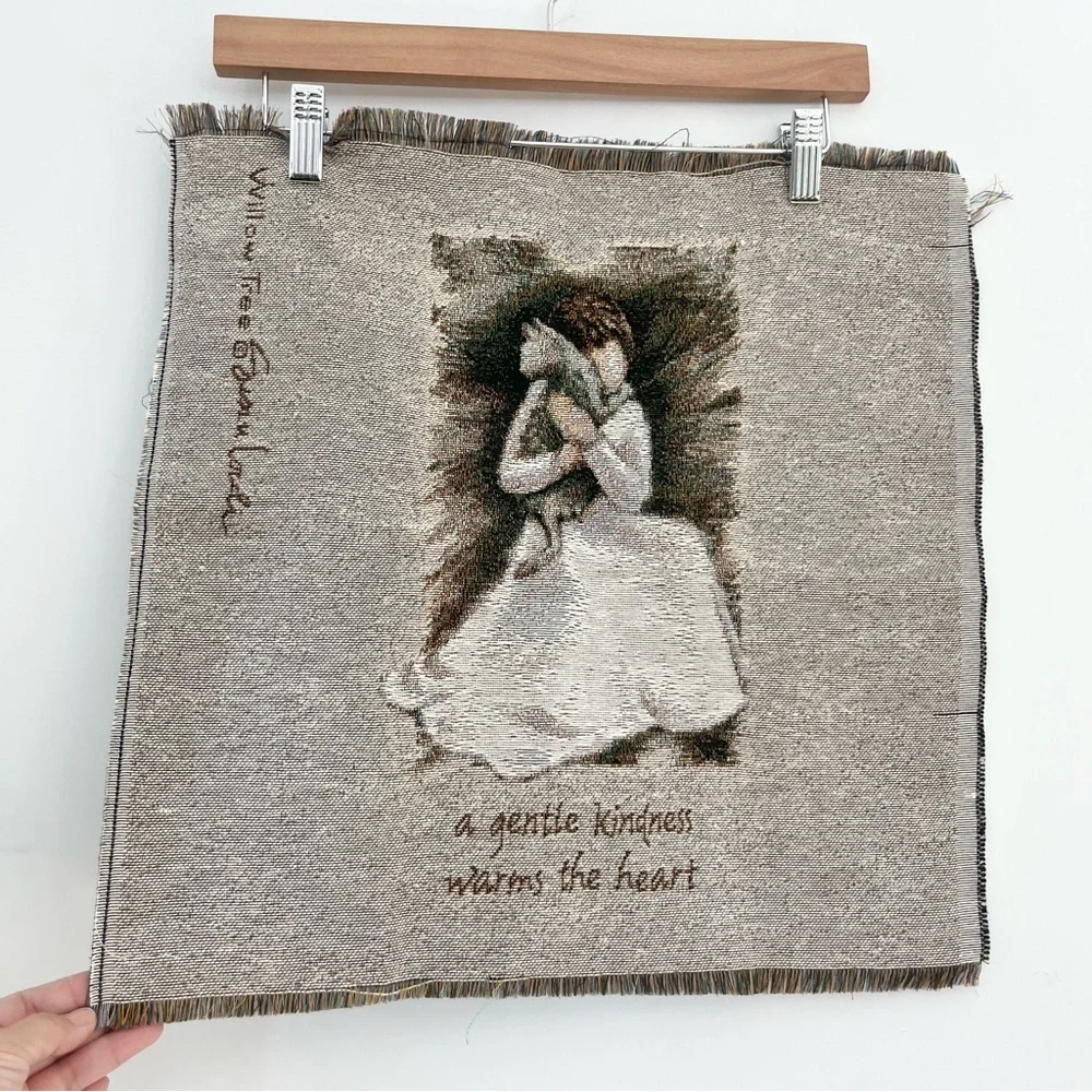 Willow Tree Beige Wall Hanging Decor A Gentle Kindness Girl w Cat Tapestry 17x17